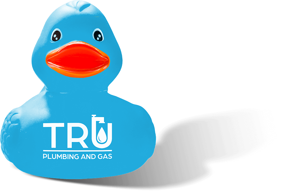 Blue rubber duck with Tru Plumbing and Gas logo