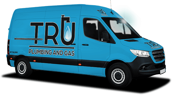 Baby blue work van with Tru Plumbing and Gas logo