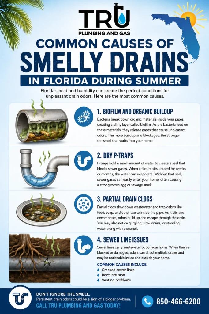 Infographic showing common causes of smelly drains in Florida during summer, including biofilm buildup, dry P-traps, partial drain clogs, and sewer line issues.
