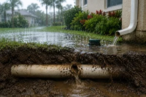 Heavy rain saturating a Florida yard around a cracked underground plumbing pipe, illustrating how storms can worsen existing pipe damage.