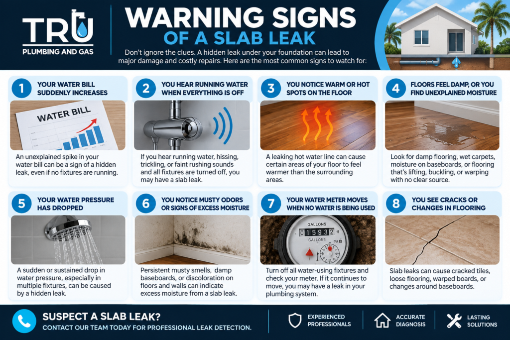 TRU Plumbing and Gas infographic showing eight warning signs of a slab leak, including high water bills, running water sounds, warm or damp floors, low water pressure, musty odors, a moving water meter, and damaged flooring.