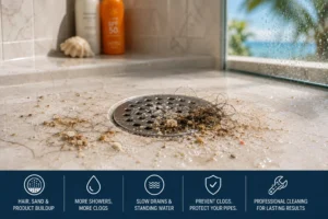 Clogged shower drain with hair, sand, and debris buildup causing slow drainage during Florida’s summer months.