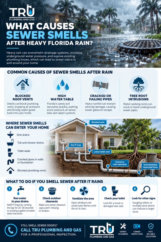 Infographic explaining common causes of sewer smells after heavy Florida rain, including blocked vents, high groundwater, cracked pipes, and tree roots, with troubleshooting tips from Tru Plumbing and Gas.