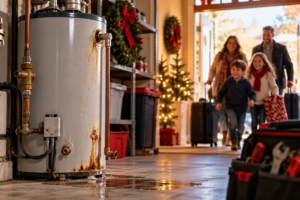 Rusty, leaking water heater with water pooling on the garage floor as family members arrive for the holidays in the background.