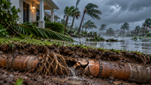 Cracked underground sewer pipe leaking water beneath a flooded Florida neighborhood after a hurricane, with storm debris and wind-bent palm trees.