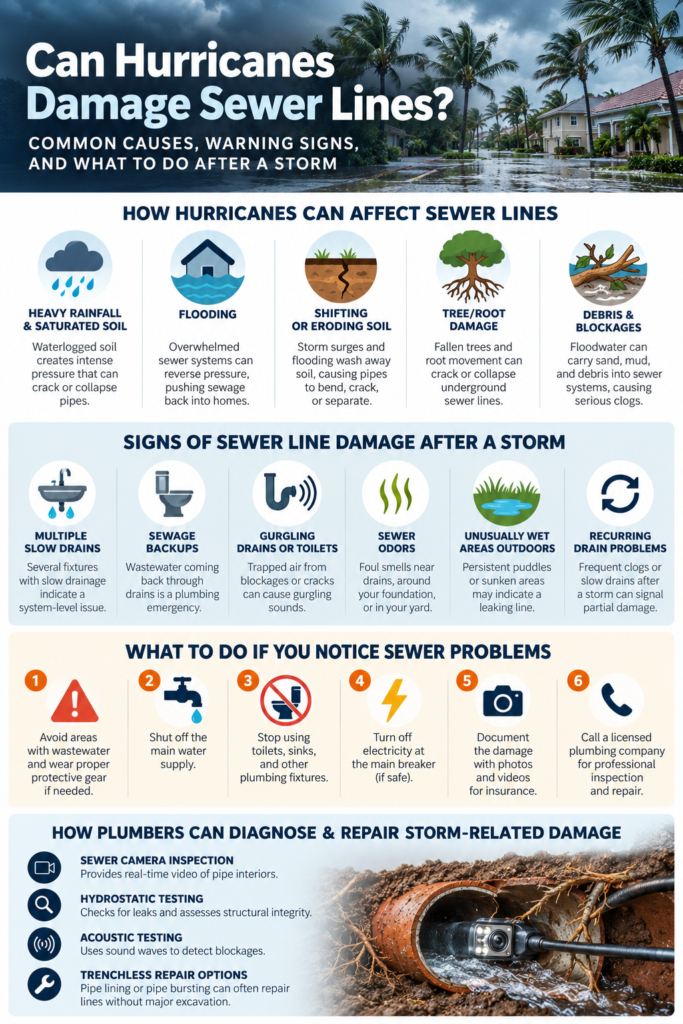 Infographic explaining how hurricanes damage sewer lines, warning signs after a storm, emergency steps to take, and professional sewer inspection and repair options.