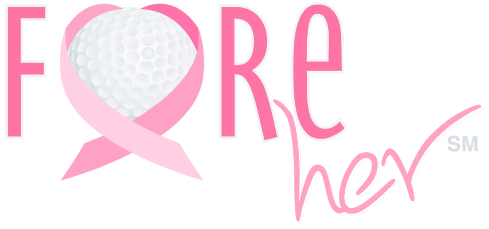 Fore Her, breast cancer assistance, with a pink ribbon shaped like a heart around a golf ball